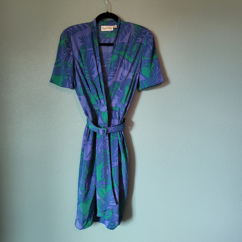 Vintage 80s Papell Petites Leaf Print Dress - Blue and Green 8 Shoulder Pads